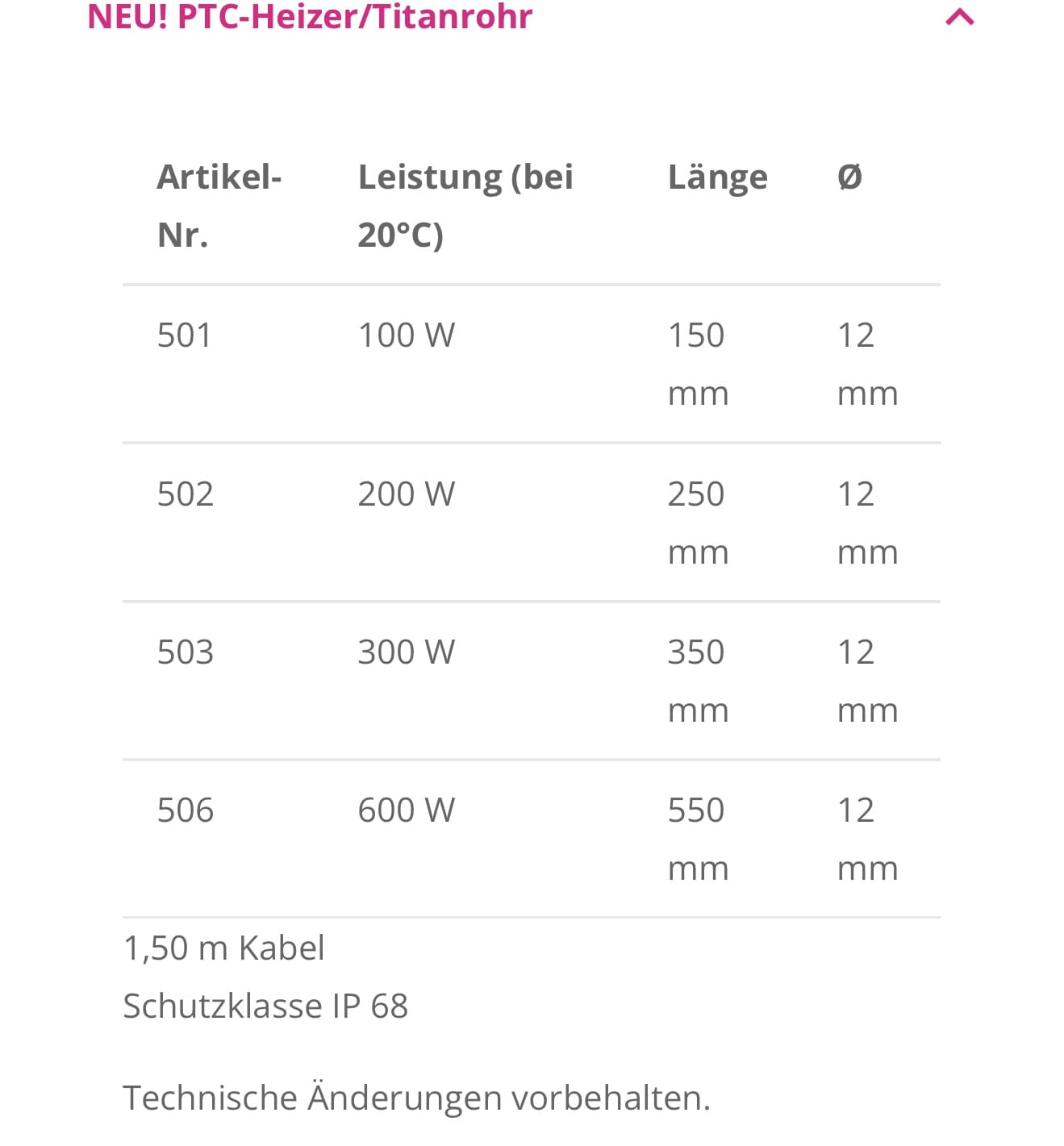 Schego PTC-Heizer Titanrohr 100 W Schego PTC-Heizer Titanrohr 100 W